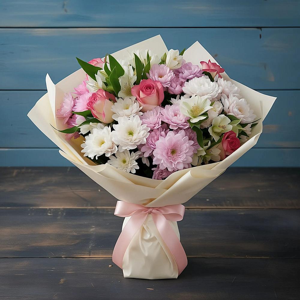 Букет цветов из: Хризантемы, Альстромерии и Розы в Турово